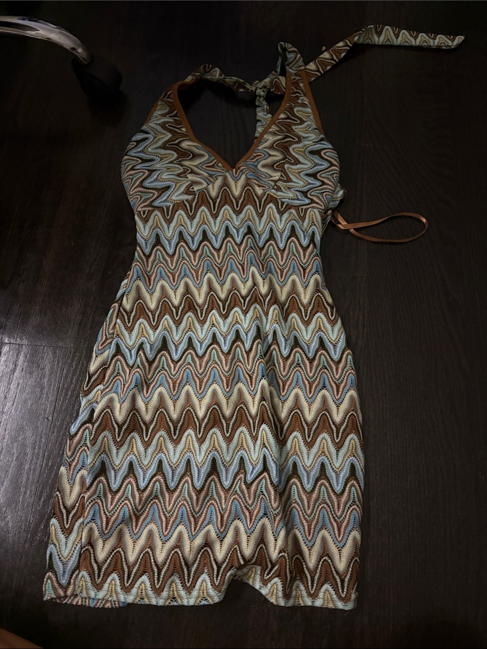 Windsor Sleeveless V-Neck Patterned Halter Dress in Brown and Blue